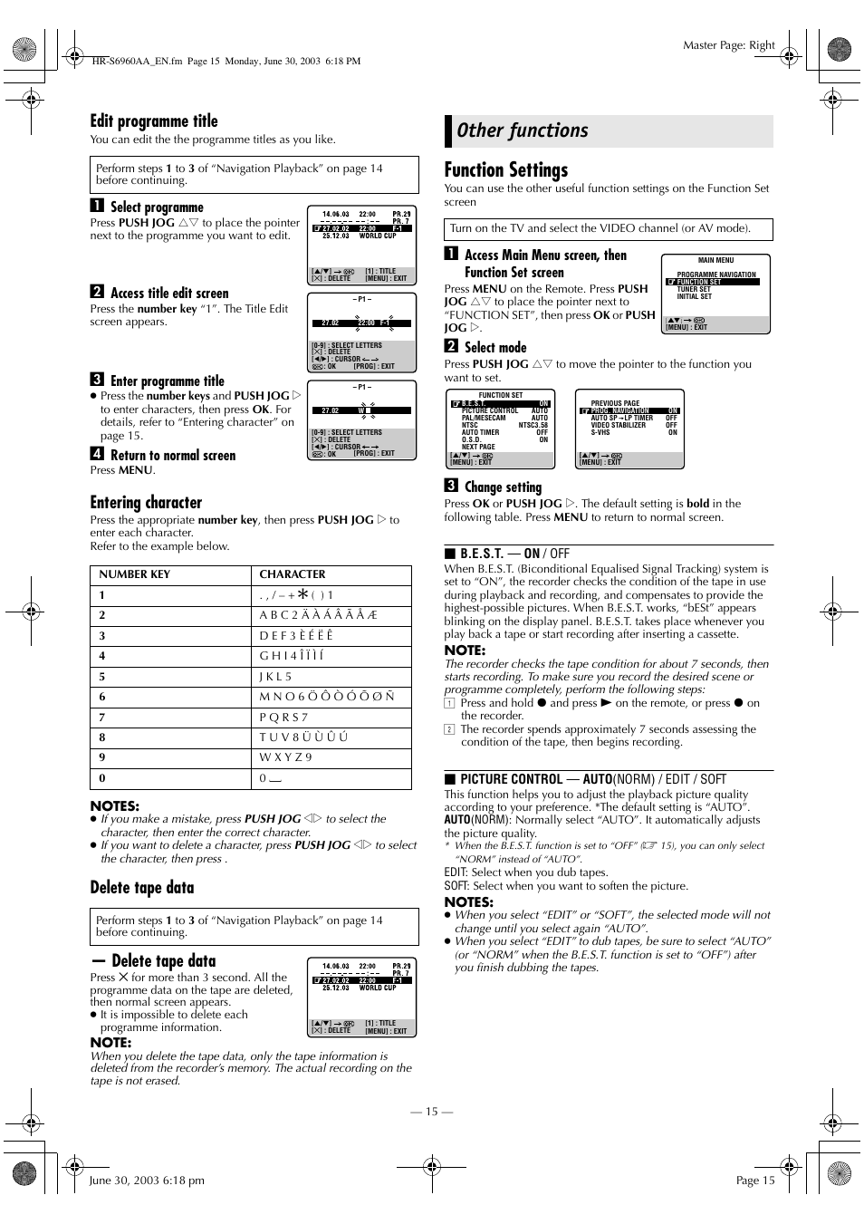 Other functions, Function settings, Edit programme title | Entering character, Delete tape data — delete tape data, Select programme, Access title edit screen, Enter programme title, Return to normal screen, Access main menu screen, then function set screen | JVC 0703-AH-PJ-BJ User Manual | Page 15 / 28
