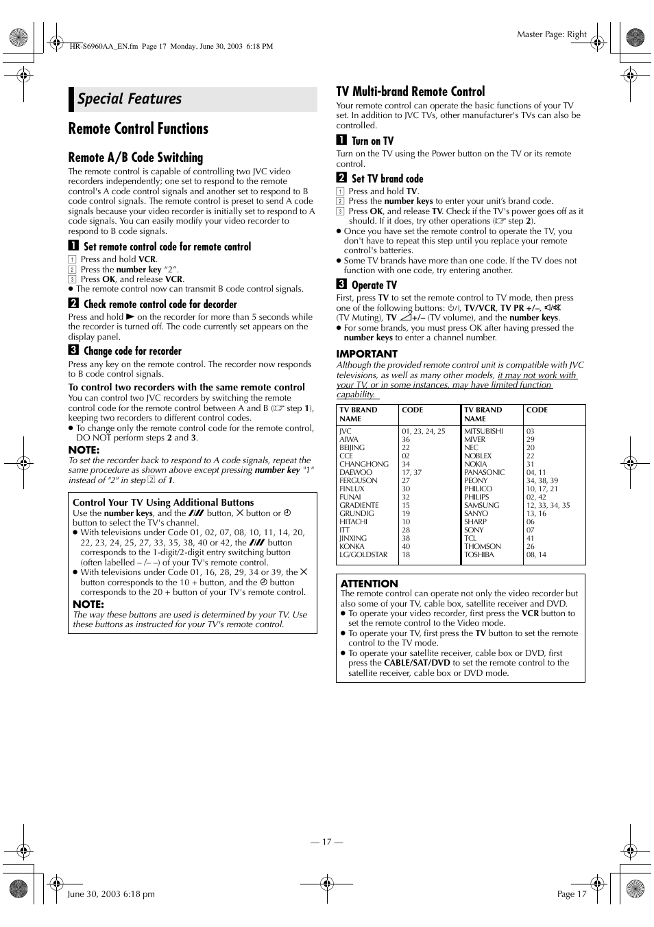 Special features, Remote control functions, Remote a/b code switching | Tv multi-brand remote control | JVC 0703-AH-PJ-BJ User Manual | Page 17 / 28