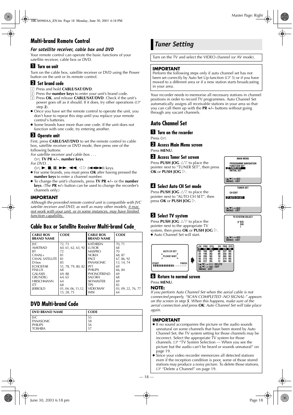Tuner setting, Multi-brand remote control, Auto channel set a | For satellite receiver, cable box and dvd, Turn on unit, Set brand code, Operate unit, Turn on the recorder, Access main menu screen, Access tuner set screen | JVC 0703-AH-PJ-BJ User Manual | Page 18 / 28