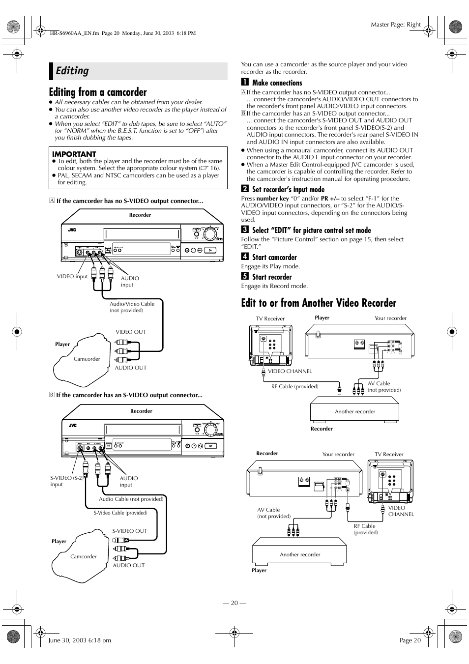 Editing, Editing from a camcorder, Edit to or from another video recorder editing | JVC 0703-AH-PJ-BJ User Manual | Page 20 / 28