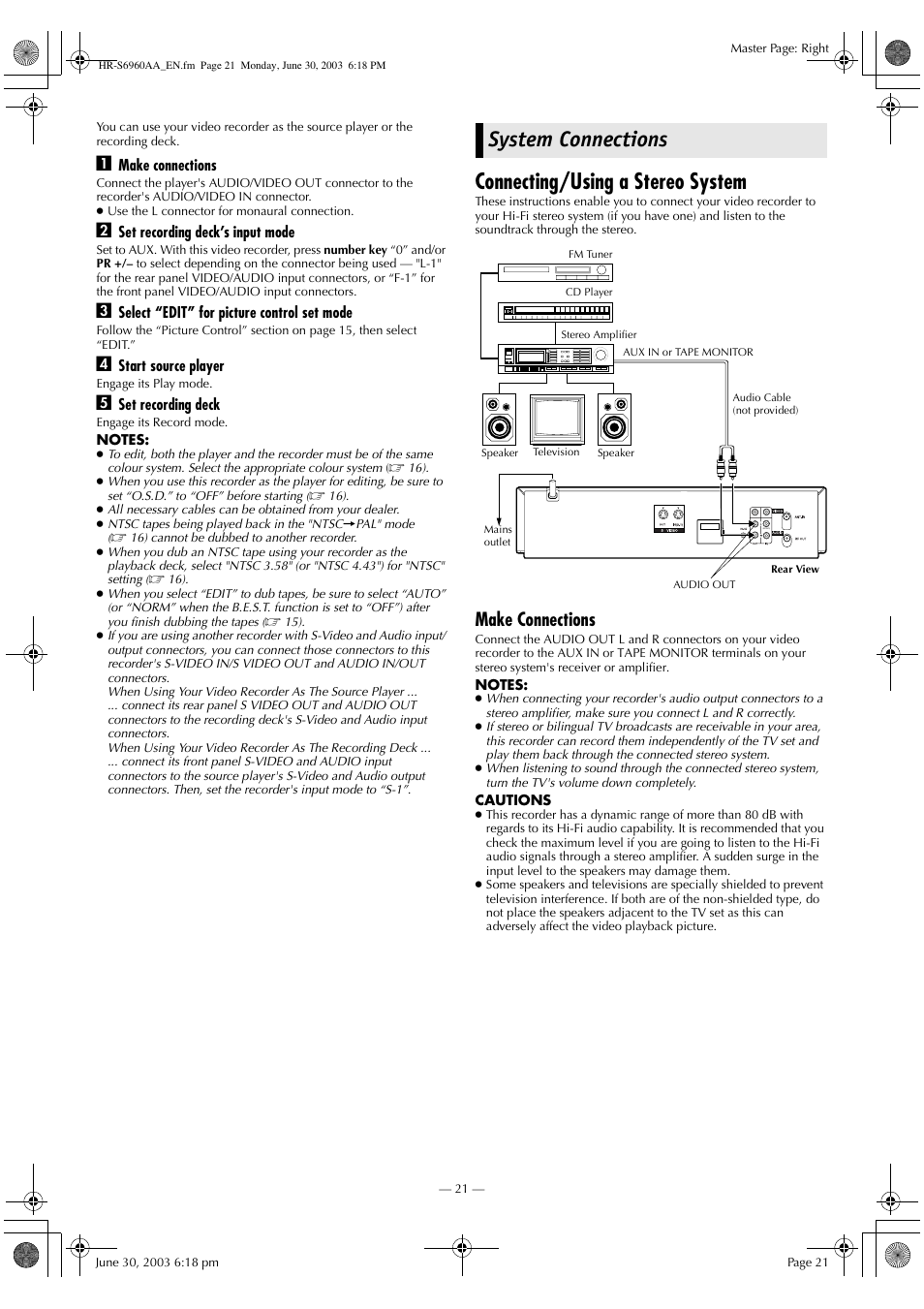 System connections, Connecting/using a stereo system, Make connections | JVC 0703-AH-PJ-BJ User Manual | Page 21 / 28