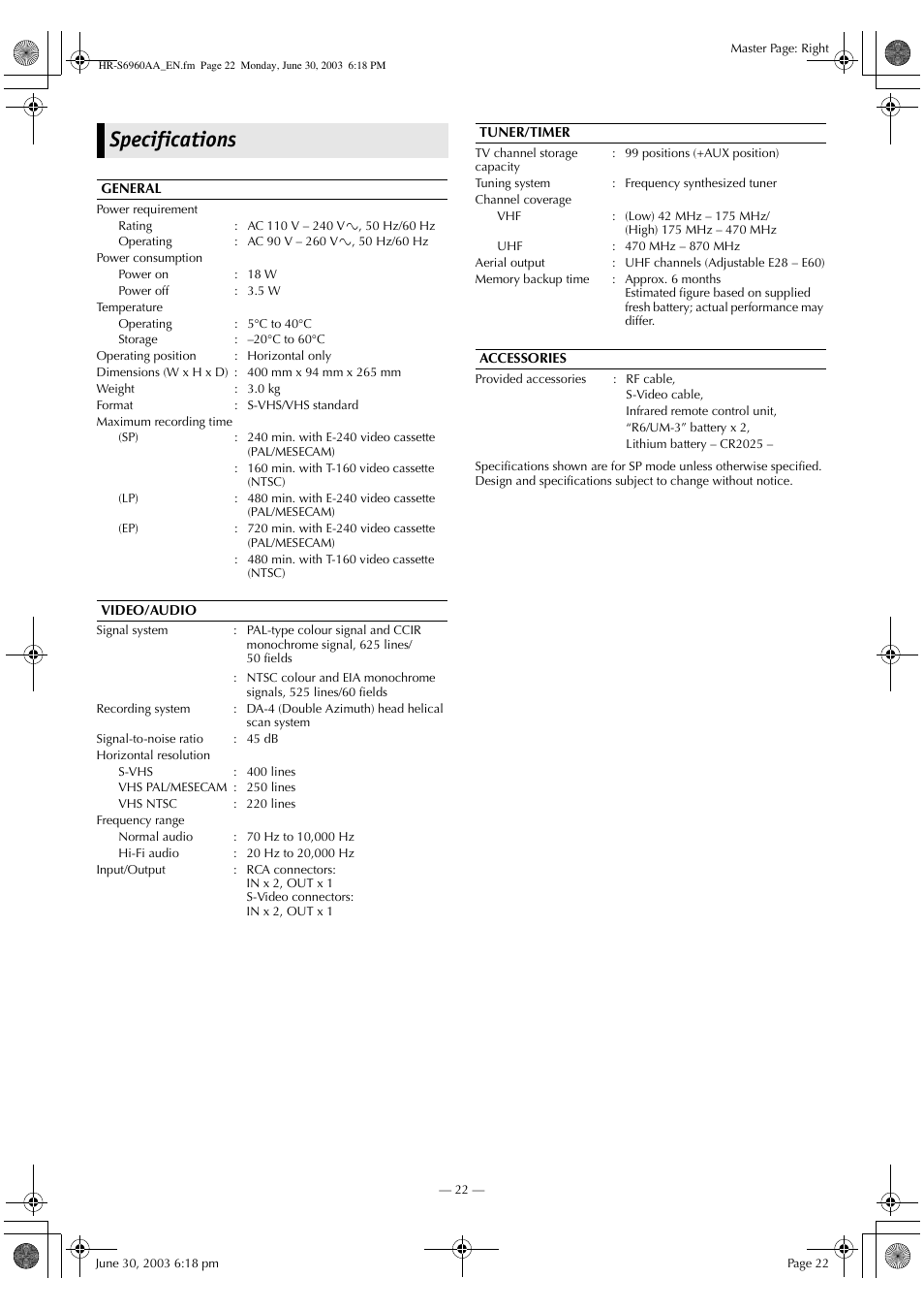 Specifications | JVC 0703-AH-PJ-BJ User Manual | Page 22 / 28