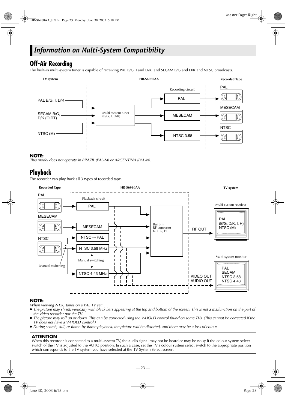 Information on multi-system compatibility, Off-air recording, Playback | JVC 0703-AH-PJ-BJ User Manual | Page 23 / 28