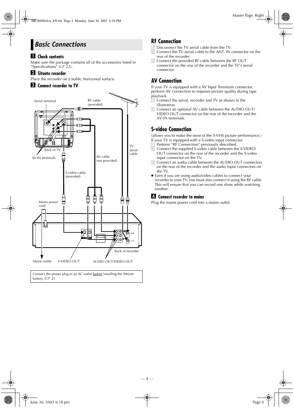 Basic connections, Rf connection, Av connection | S-video connection | JVC 0703-AH-PJ-BJ User Manual | Page 4 / 28