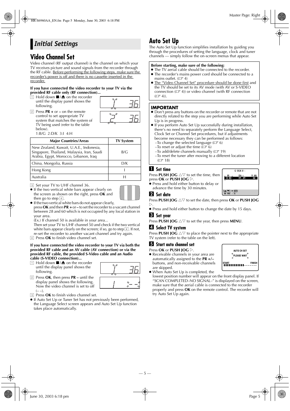 Initial settings, Video channel set, Auto set up | JVC 0703-AH-PJ-BJ User Manual | Page 5 / 28