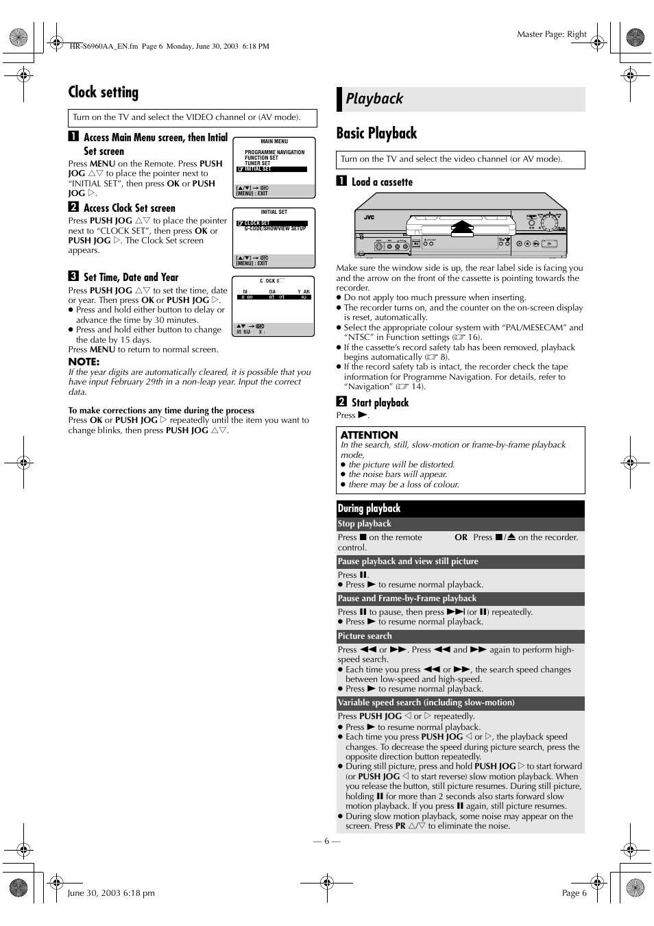 Playback, Clock setting, Basic playback | JVC 0703-AH-PJ-BJ User Manual | Page 6 / 28