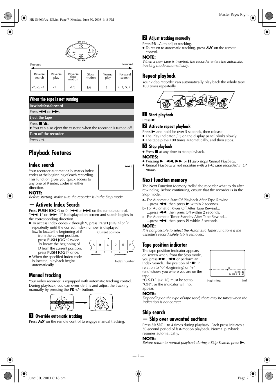 Playback features, Index search, Activate index search | Manual tracking, Repeat playback, Tape position indicator | JVC 0703-AH-PJ-BJ User Manual | Page 7 / 28