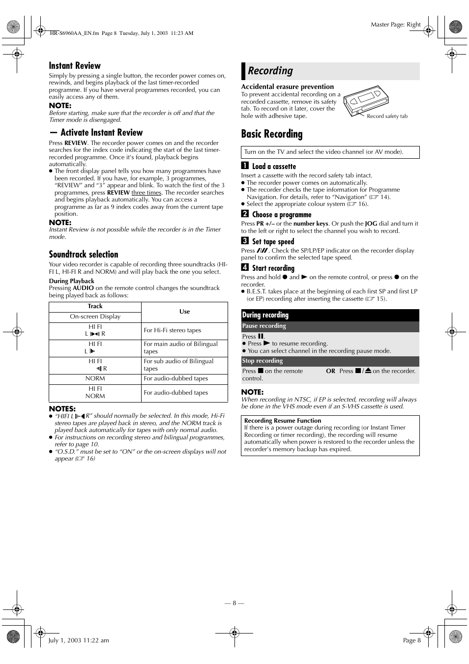 Recording, Basic recording, Instant review | Activate instant review, Soundtrack selection | JVC 0703-AH-PJ-BJ User Manual | Page 8 / 28