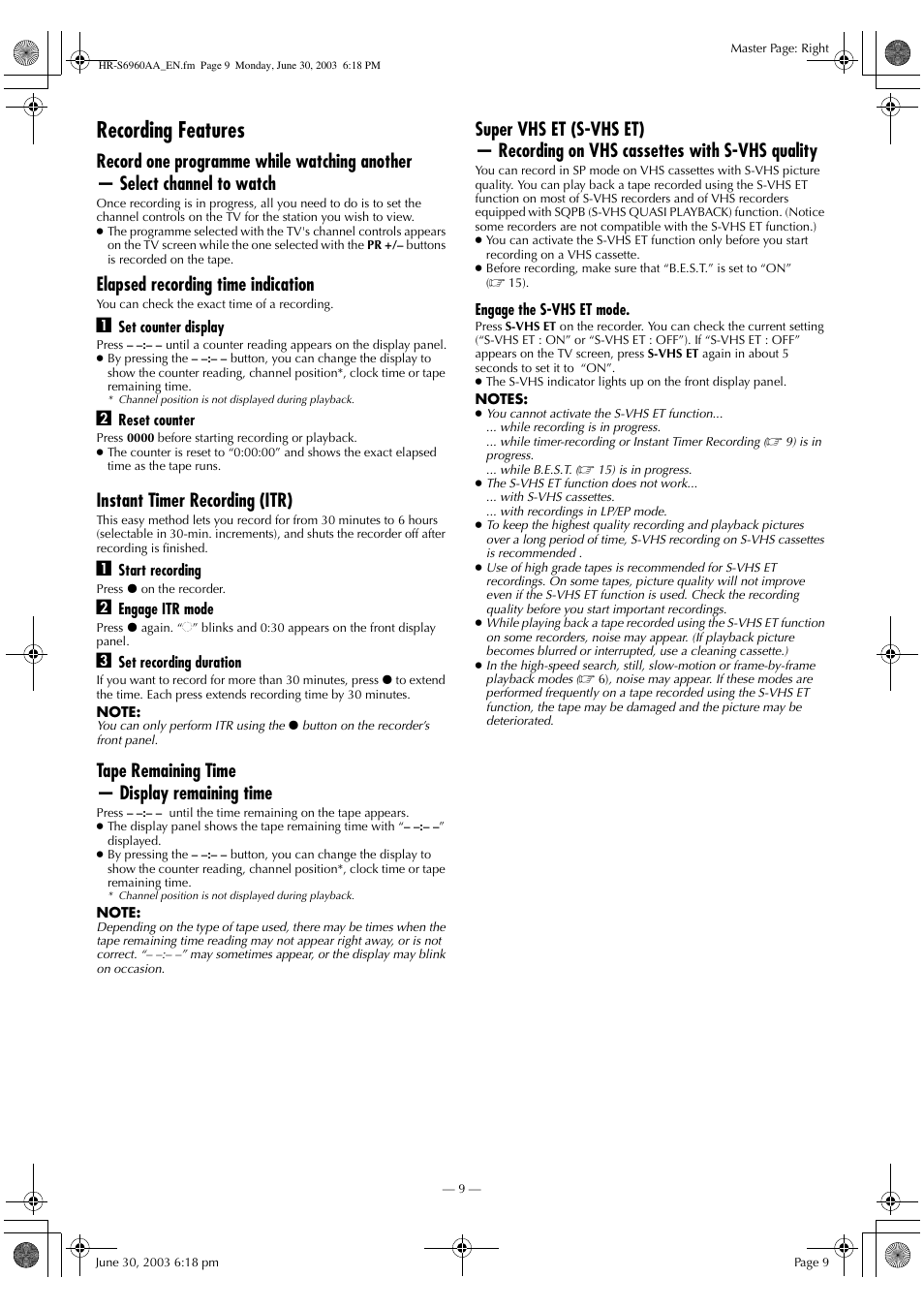 Recording features, Elapsed recording time indication, Instant timer recording (itr) | Tape remaining time — display remaining time | JVC 0703-AH-PJ-BJ User Manual | Page 9 / 28