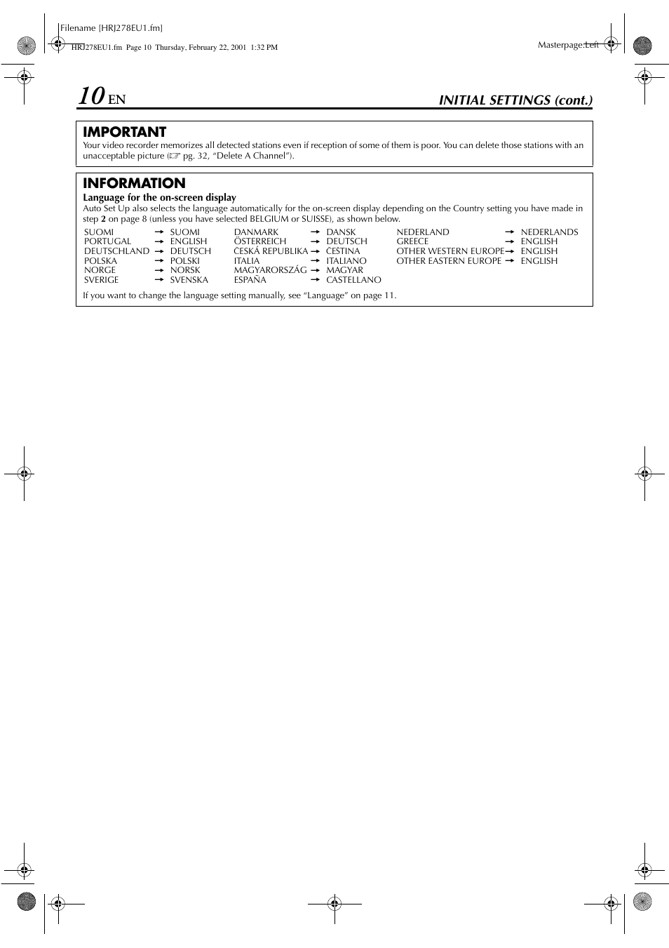 En initial settings (cont.) important, Information | JVC HR-J278EU User Manual | Page 10 / 40