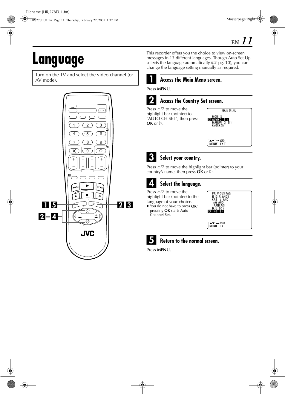 Language | JVC HR-J278EU User Manual | Page 11 / 40