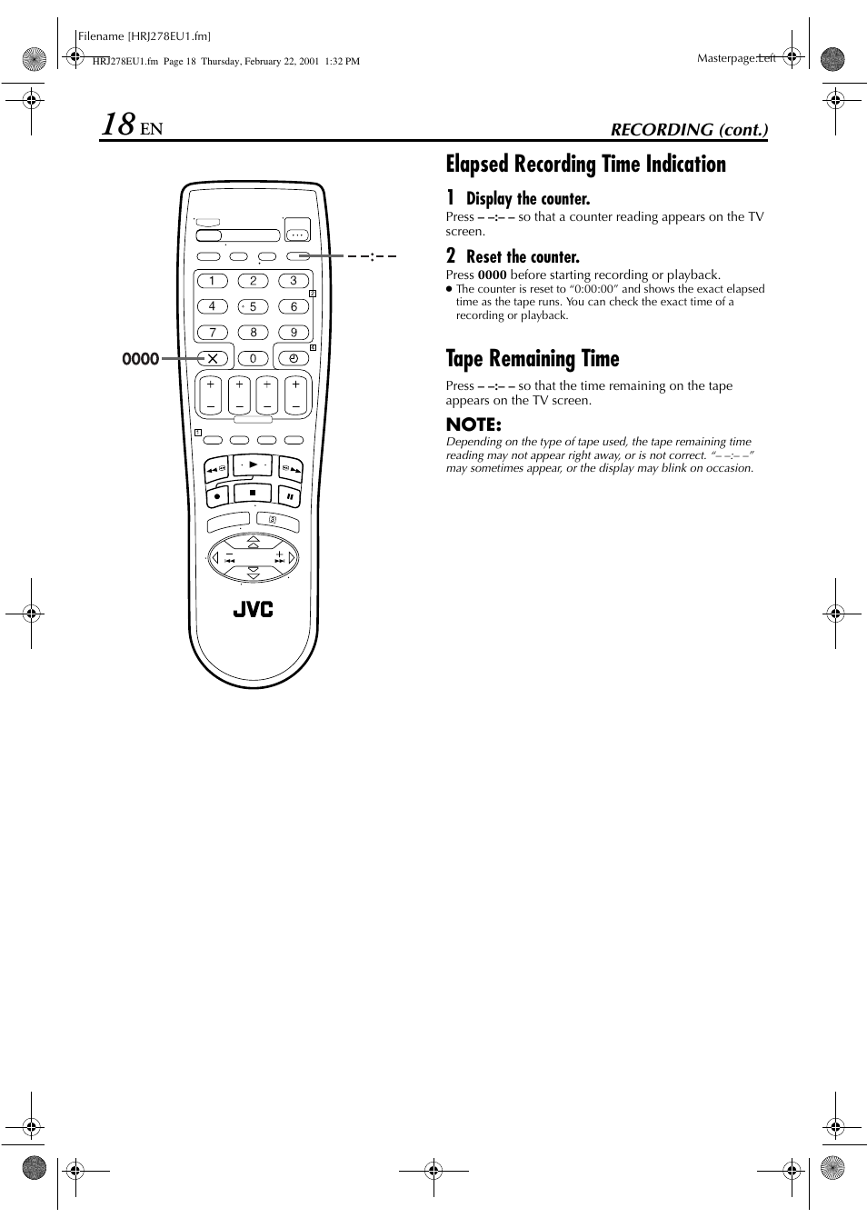 Elapsed recording time indication, Tape remaining time | JVC HR-J278EU User Manual | Page 18 / 40