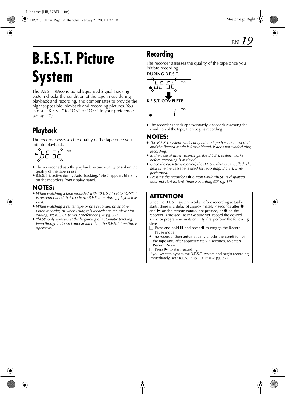 B.e.s.t. picture system, Playback, Recording | Attention | JVC HR-J278EU User Manual | Page 19 / 40