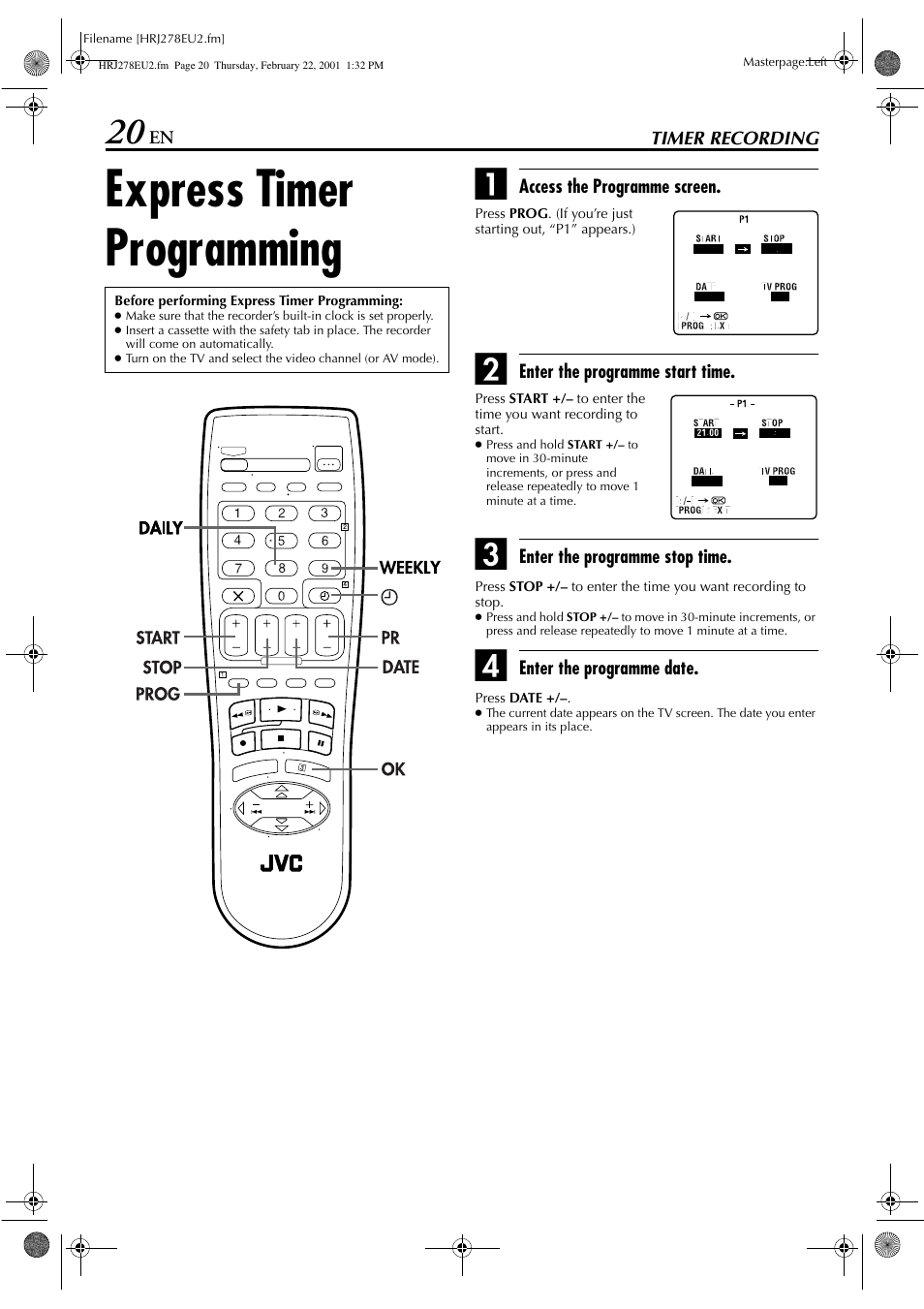 Express timer programming | JVC HR-J278EU User Manual | Page 20 / 40