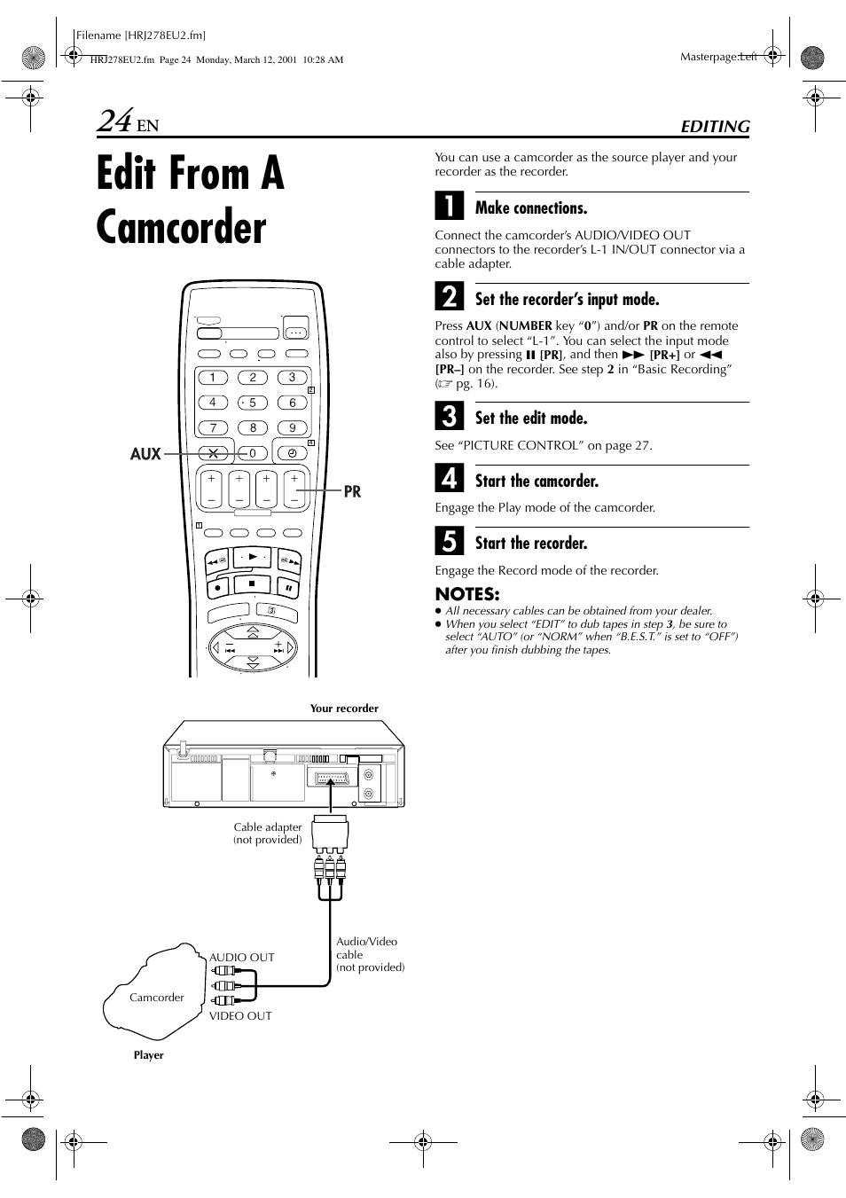 Edit from a camcorder | JVC HR-J278EU User Manual | Page 24 / 40