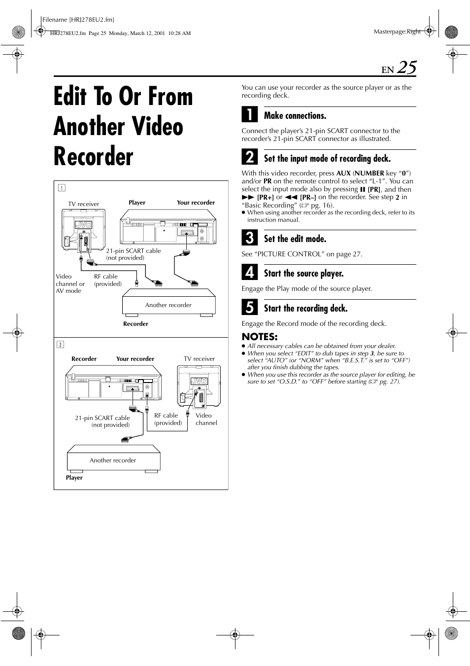 Edit to or from another video recorder | JVC HR-J278EU User Manual | Page 25 / 40