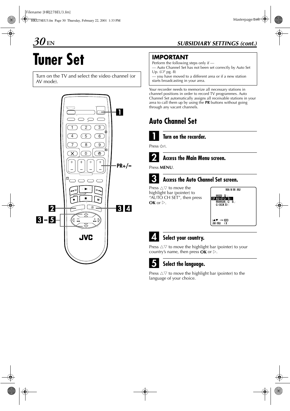 Tuner set, Auto channel set | JVC HR-J278EU User Manual | Page 30 / 40