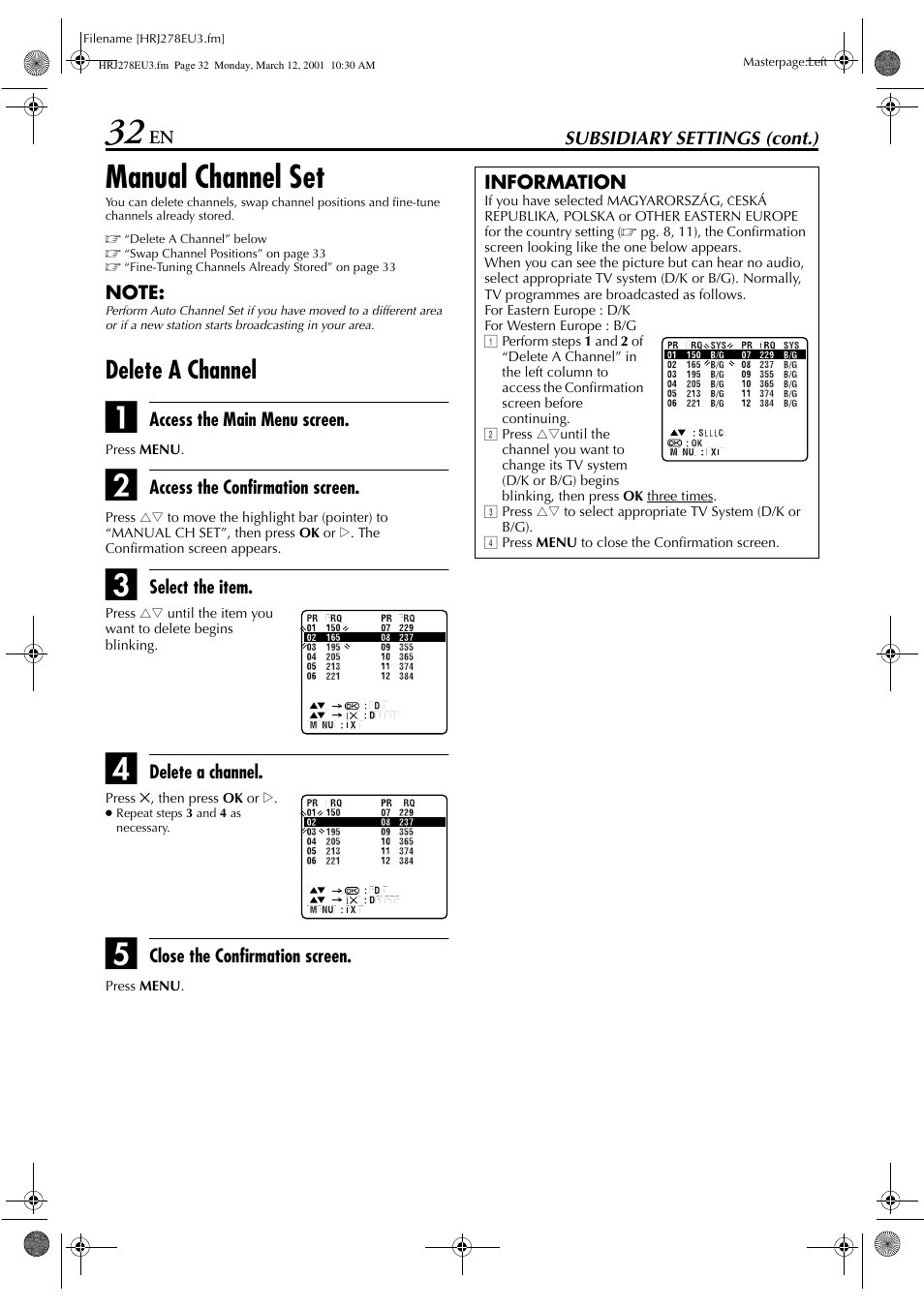 Manual channel set, Delete a channel | JVC HR-J278EU User Manual | Page 32 / 40