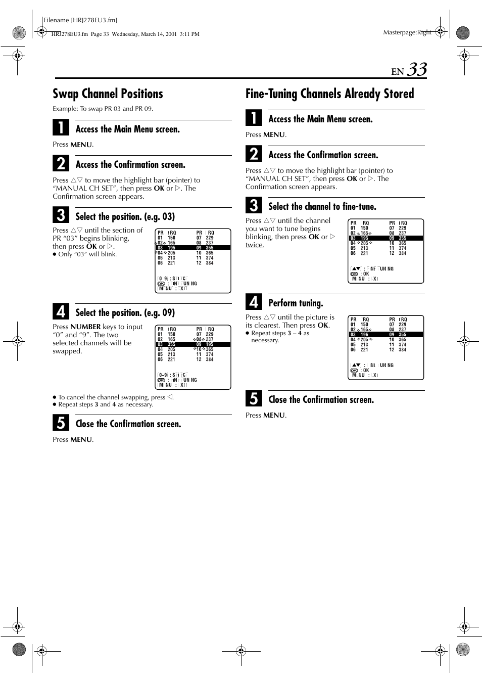 Swap channel positions, Fine-tuning channels already stored | JVC HR-J278EU User Manual | Page 33 / 40