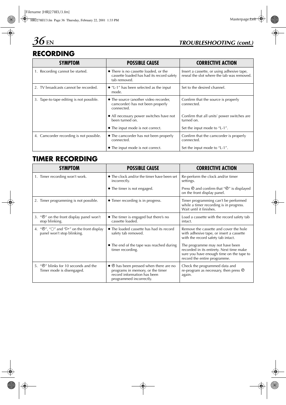 Recording timer recording, En troubleshooting (cont.), Symptom possible cause corrective action | JVC HR-J278EU User Manual | Page 36 / 40