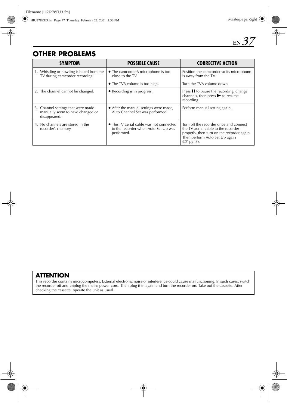 Other problems, Attention | JVC HR-J278EU User Manual | Page 37 / 40