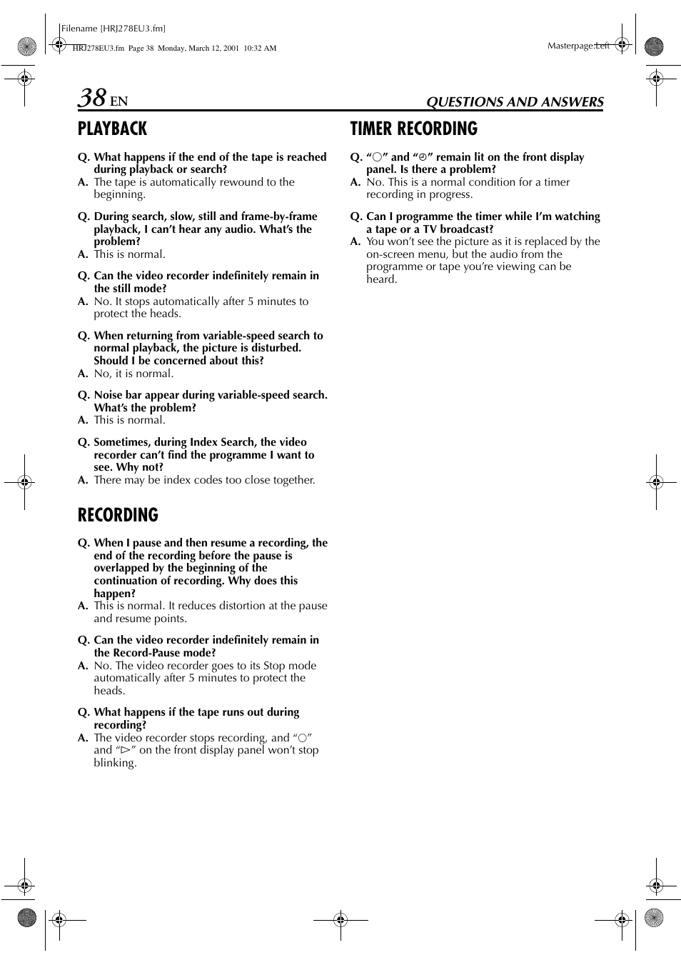 Questions and answers, Playback, Recording | Timer recording | JVC HR-J278EU User Manual | Page 38 / 40