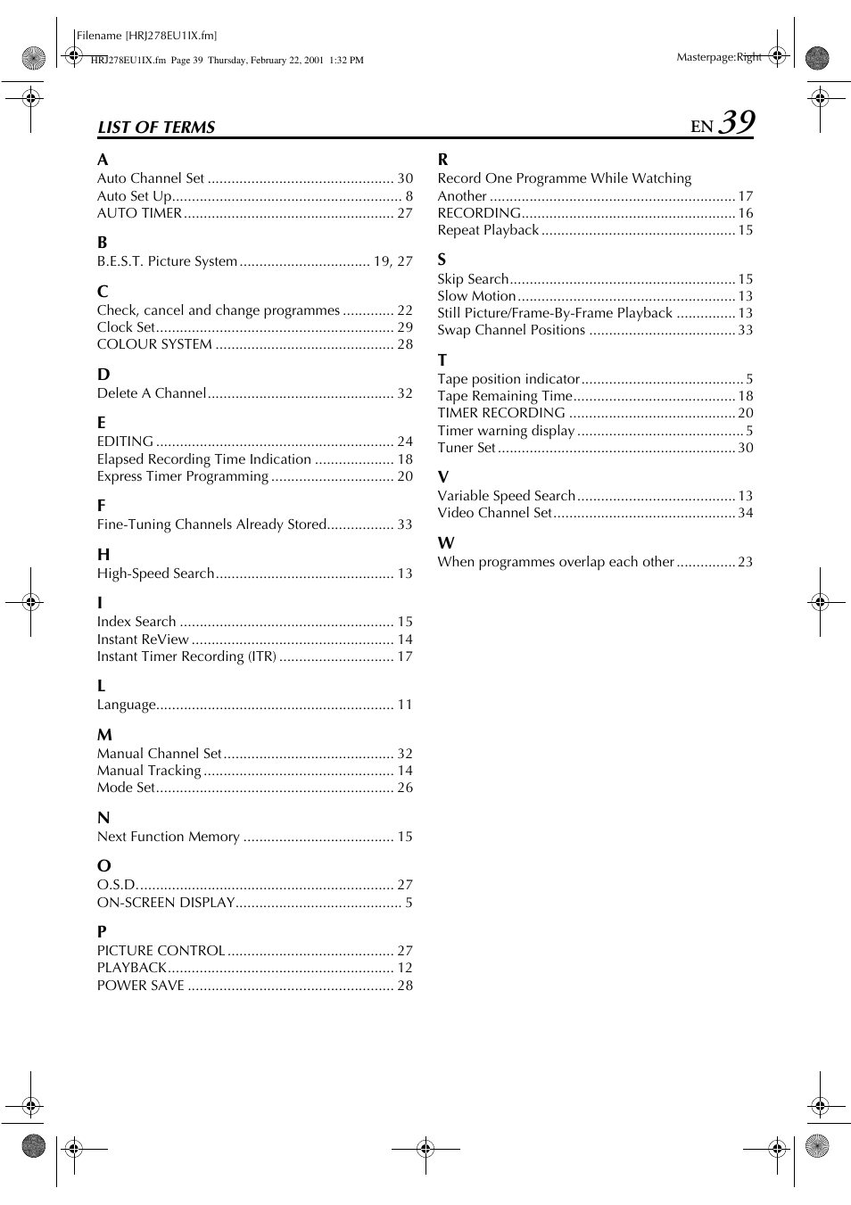 List of terms | JVC HR-J278EU User Manual | Page 39 / 40