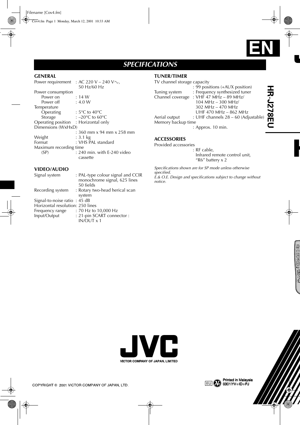 Specifications | JVC HR-J278EU User Manual | Page 40 / 40