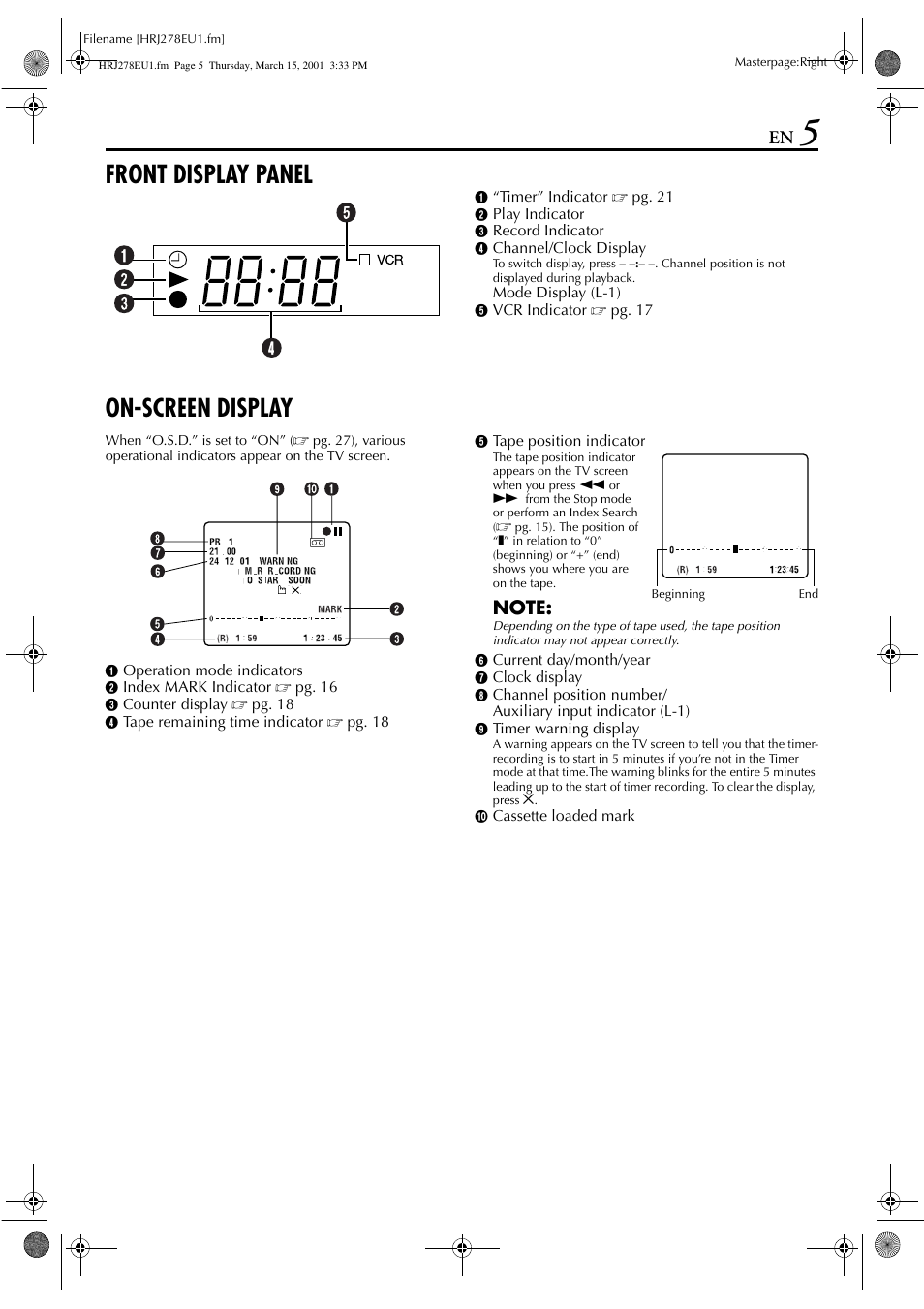 Front display panel, On-screen display | JVC HR-J278EU User Manual | Page 5 / 40
