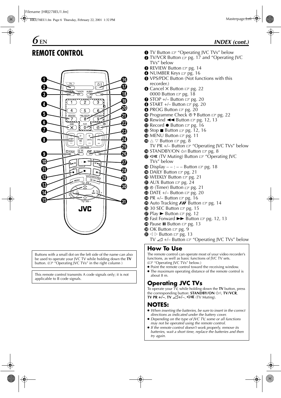 Remote control, En index (cont.), How to use | Operating jvc tvs | JVC HR-J278EU User Manual | Page 6 / 40