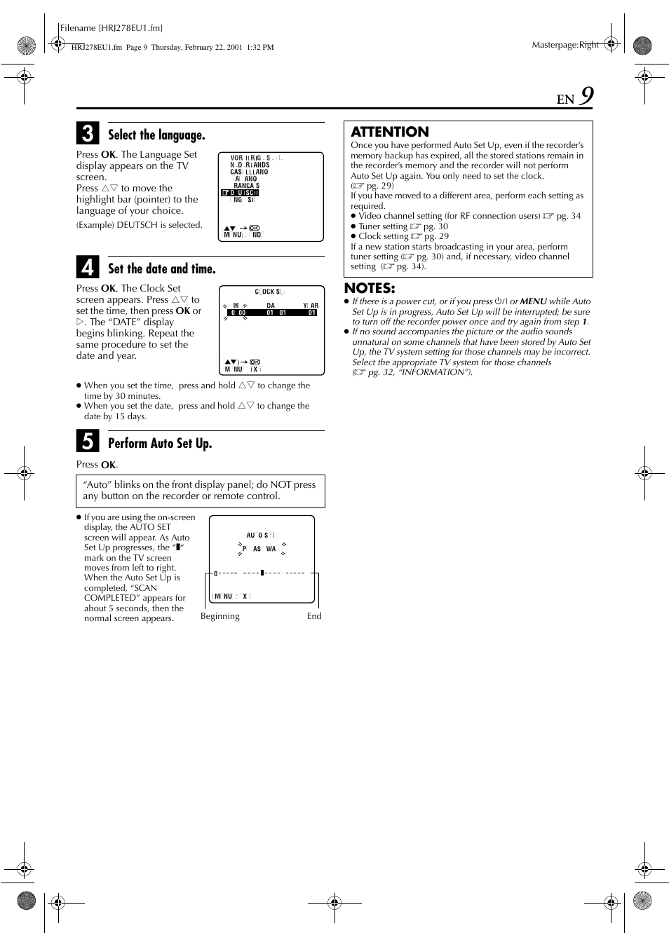 Select the language, Set the date and time, Perform auto set up | Attention | JVC HR-J278EU User Manual | Page 9 / 40