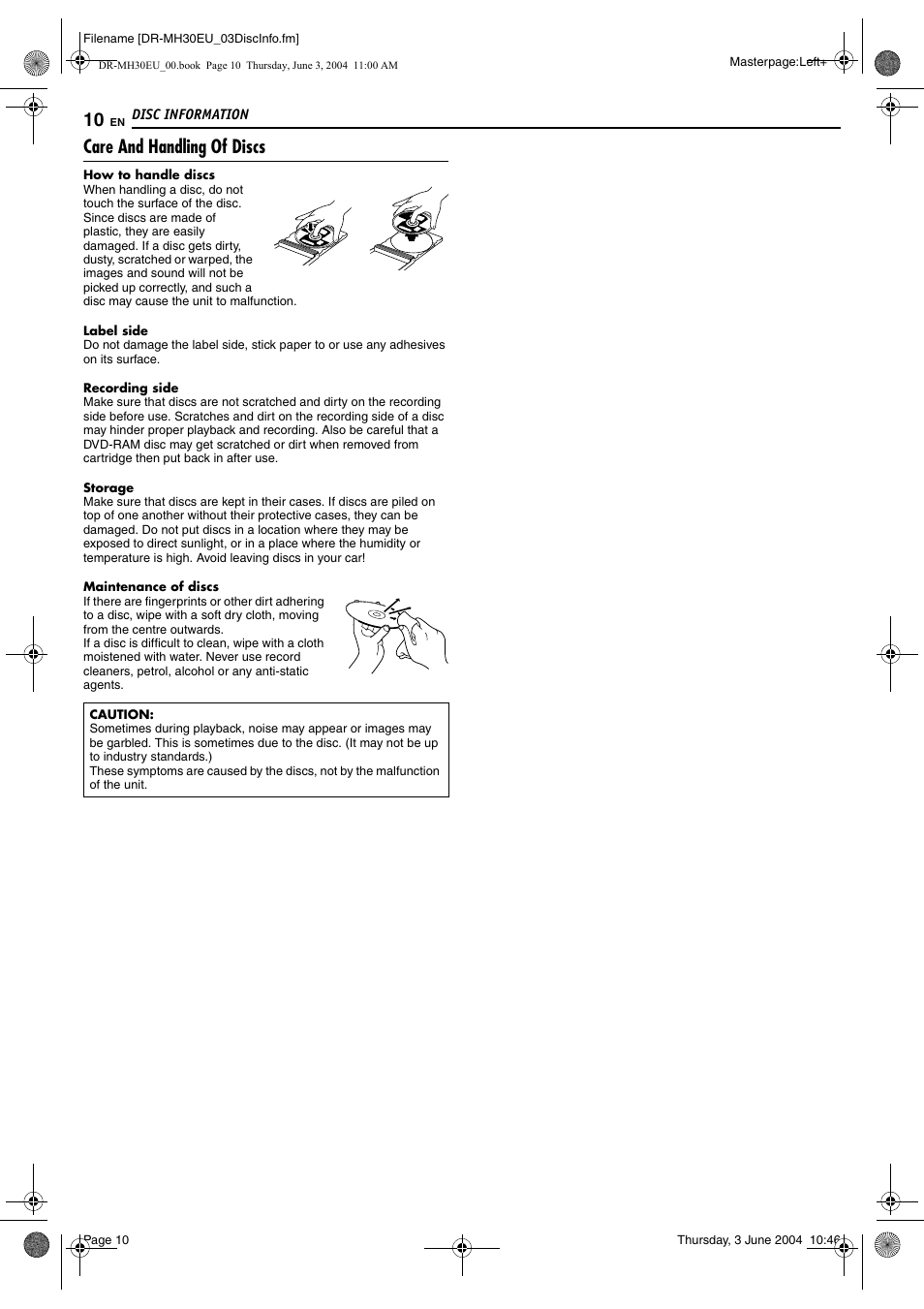 Care and handling of discs | JVC DR-MH20B User Manual | Page 10 / 92