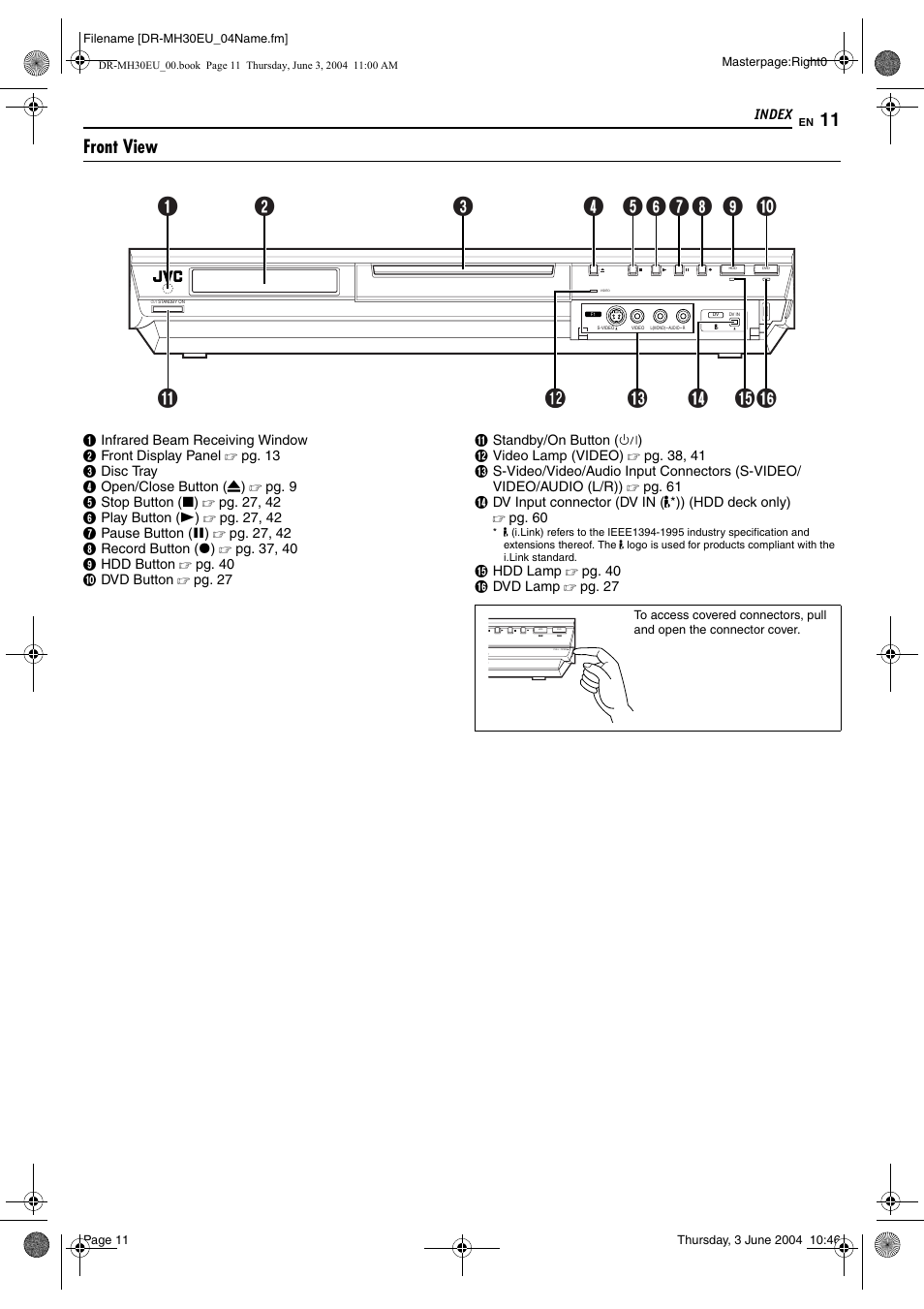 Index, Front view, Index 11 | JVC DR-MH20B User Manual | Page 11 / 92