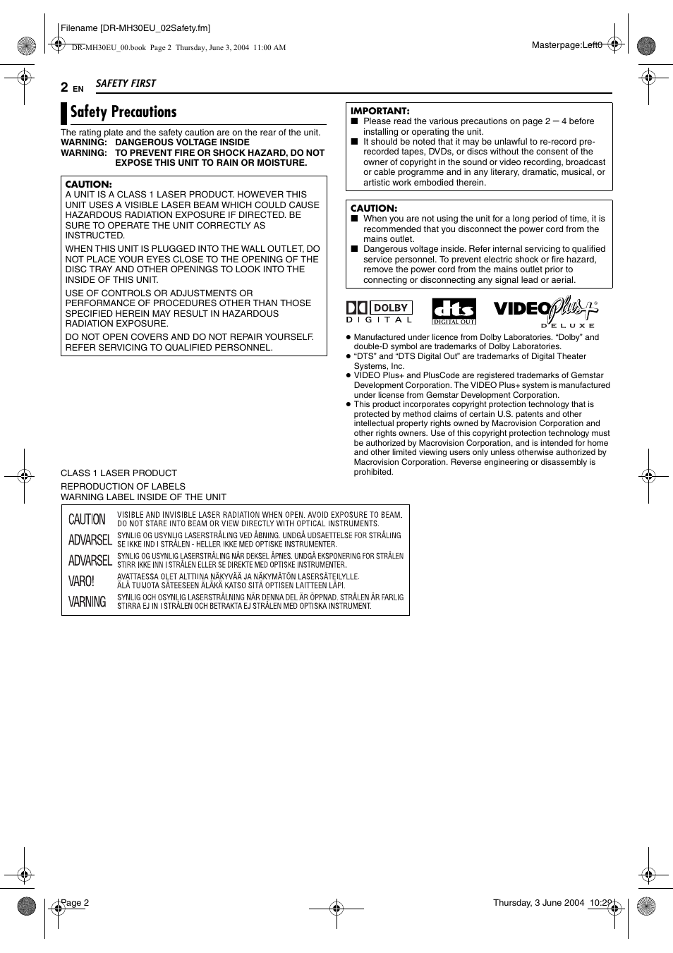 Safety first, Safety precautions | JVC DR-MH20B User Manual | Page 2 / 92