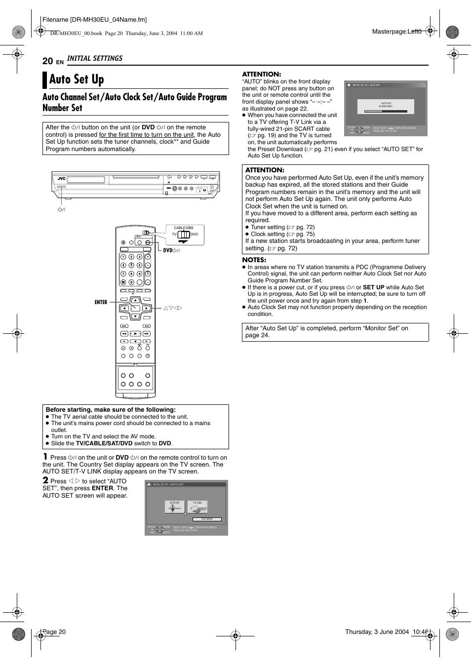 Initial settings, Auto set up | JVC DR-MH20B User Manual | Page 20 / 92