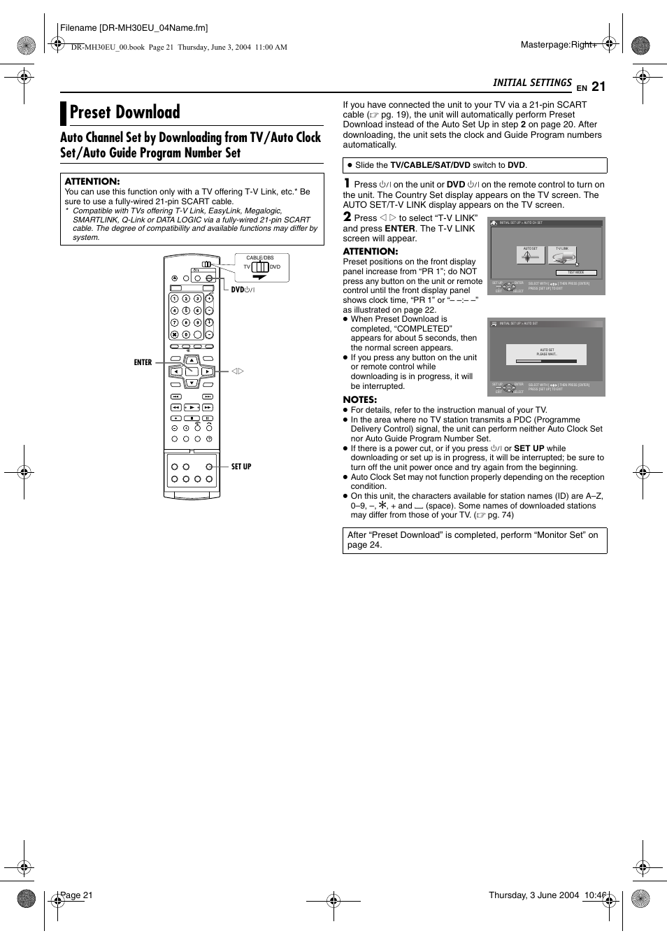 Preset download, Pg. 21), Pg. 21) e | Initial settings | JVC DR-MH20B User Manual | Page 21 / 92