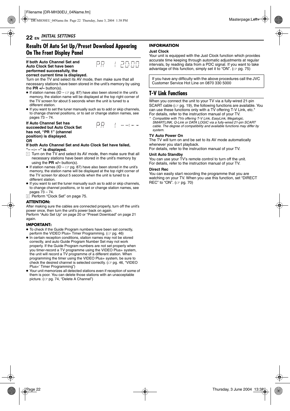 Tv link functions, T-v link functions | JVC DR-MH20B User Manual | Page 22 / 92