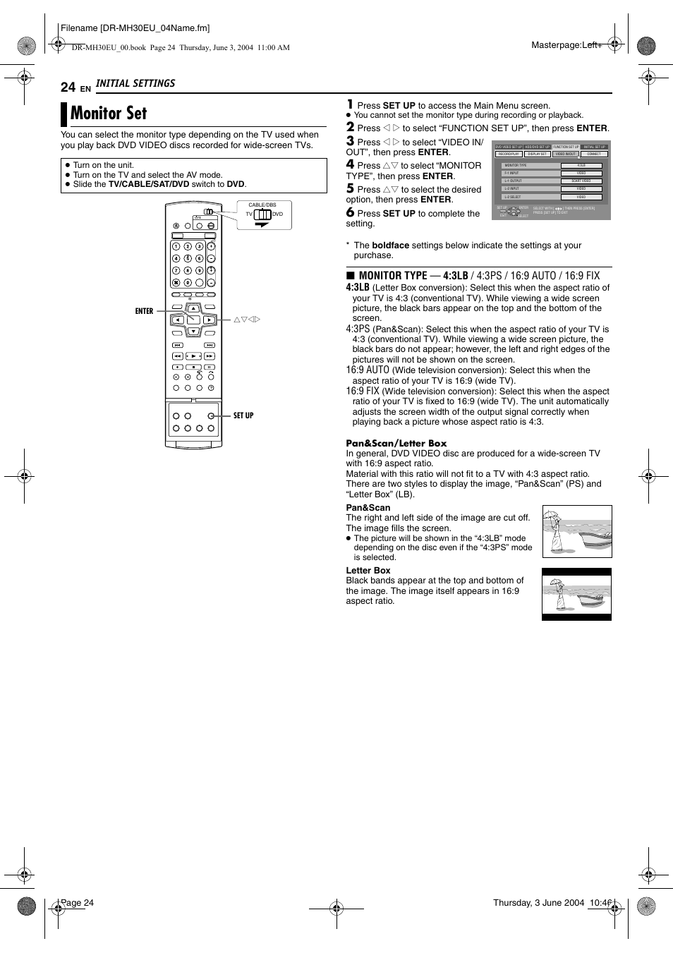 Monitor set, Monitor set” on, Initial settings | 9 auto, 9 fix | JVC DR-MH20B User Manual | Page 24 / 92