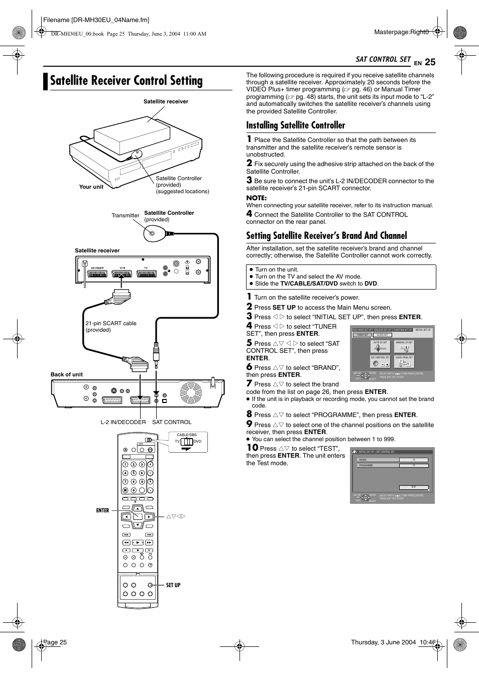Sat control set, Satellite receiver control setting, Installing satellite controller | Setting satellite receiver’s brand and channel, Pg. 25, 6, Pg. 25, Pg. 25, 37 | JVC DR-MH20B User Manual | Page 25 / 92