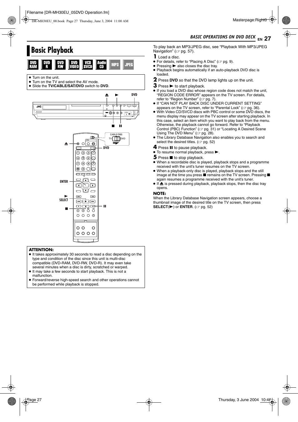 Basic operations on dvd deck, Basic playback, Pg. 27, 42 | Tton, Pg. 27, Pg. 27, 52 | JVC DR-MH20B User Manual | Page 27 / 92