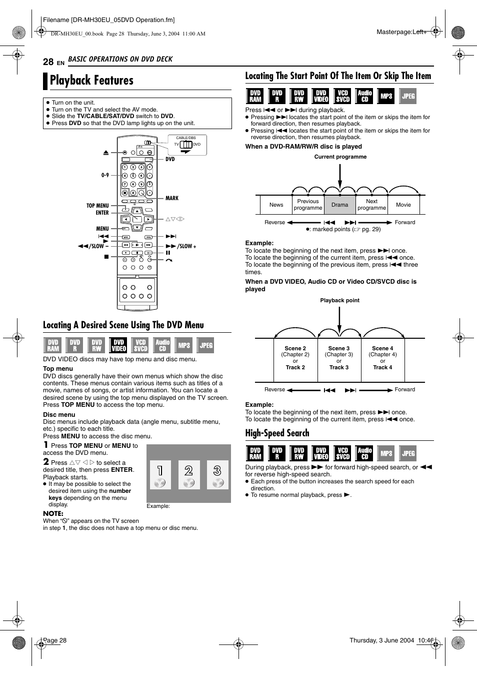Playback features, Locating a desired scene using the dvd menu, High-speed search | Pg. 28, Menu), Pg. 28, 44, Pg. 28, 4, Locating a desired scene, Using the dvd menu, Pg. 28) | JVC DR-MH20B User Manual | Page 28 / 92