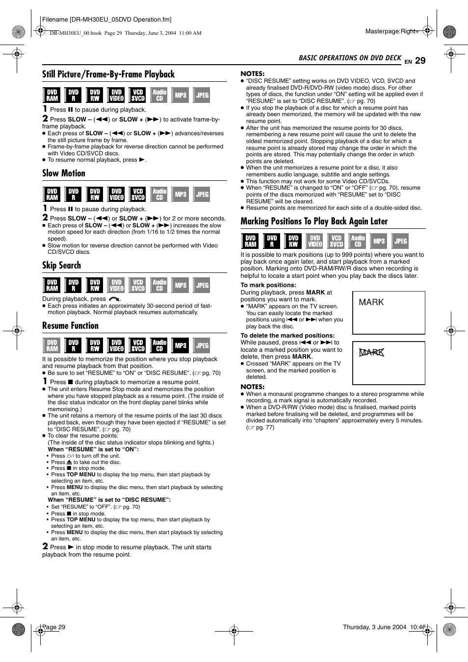 Still picture/frame-by-frame playback, Slow motion, Skip search | Resume function, Marking positions to play back again later, Pg. 29), Pg. 29, Mark), Pg. 29, 44 | JVC DR-MH20B User Manual | Page 29 / 92