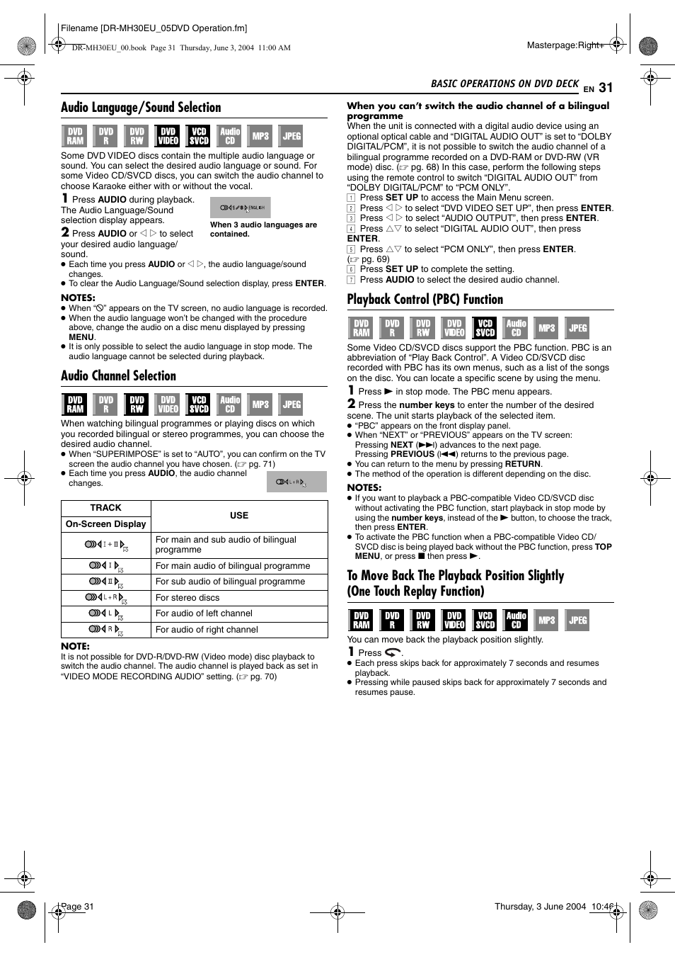 Audio language/sound selection, Audio channel selection, Playback control (pbc) function | Pg. 31), Pg. 31, Eturn), Pg. 31, 46, Pg. 31) or | JVC DR-MH20B User Manual | Page 31 / 92