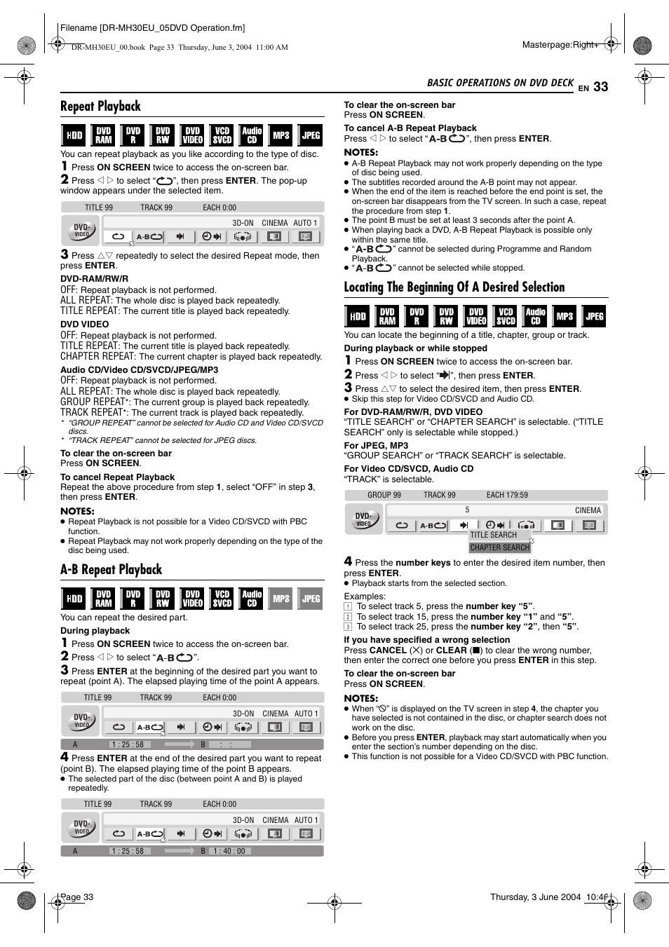 Repeat playback, A-b repeat playback, Locating the beginning of a desired selection | 1/a–b), Pg. 33, Clear), Pg. 33, 46, K. (੬ pg. 33), Pg. 33), R search function. (੬ pg. 33) | JVC DR-MH20B User Manual | Page 33 / 92