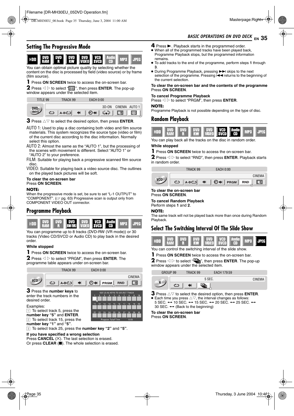 Setting the progressive mode, Programme playback, Random playback | Select the switching interval of the slide show, Pg. 35, Pg. 35), K. (੬ pg. 35) | JVC DR-MH20B User Manual | Page 35 / 92