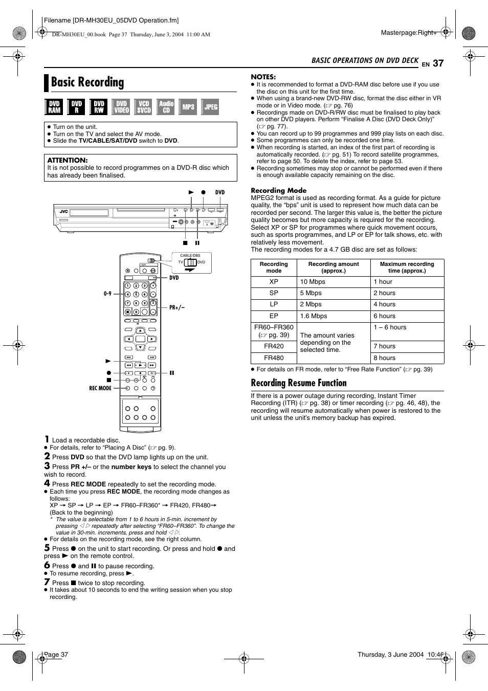 Basic recording, Recording resume function, Pg. 37, 40 | Pg. 37, Pg. 37, 65 | JVC DR-MH20B User Manual | Page 37 / 92