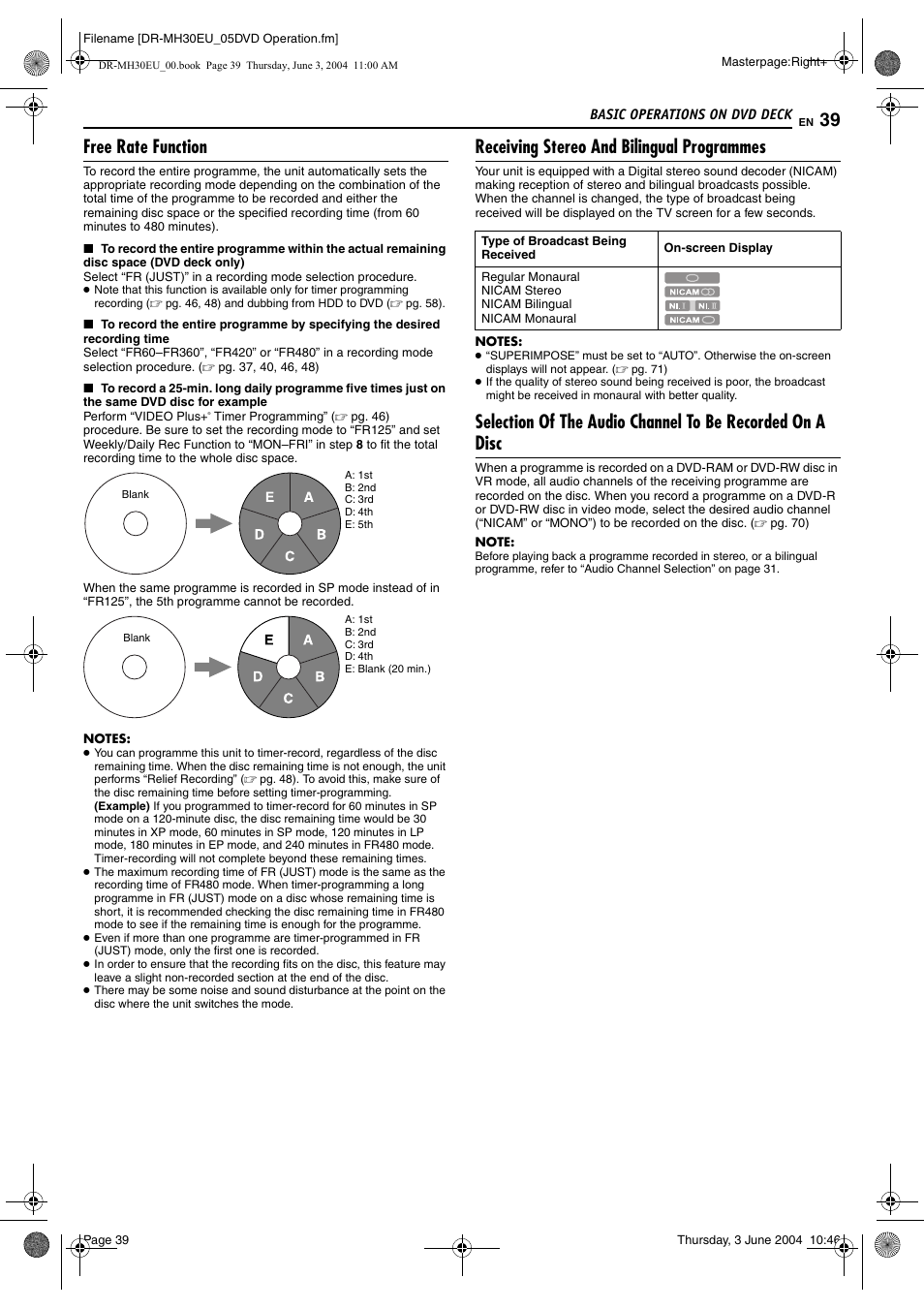 Free rate function, Receiving stereo and bilingual programmes, Pg. 39) | JVC DR-MH20B User Manual | Page 39 / 92