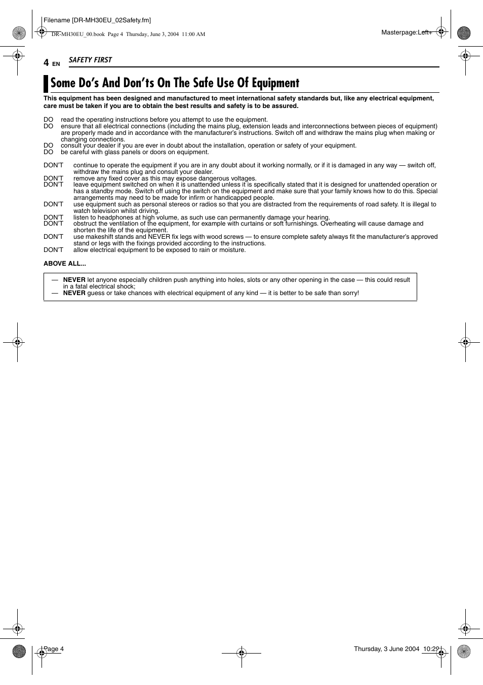 Some do’s and don’ts on the safe use of equipment | JVC DR-MH20B User Manual | Page 4 / 92