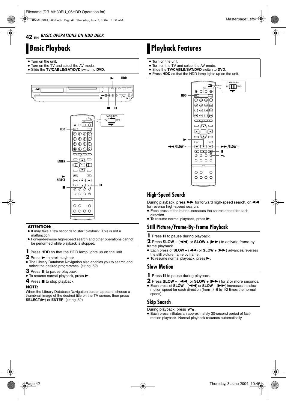 Basic playback, Playback features, High-speed search | Still picture/frame-by-frame playback, Slow motion, Skip search, Basic playback playback features | JVC DR-MH20B User Manual | Page 42 / 92