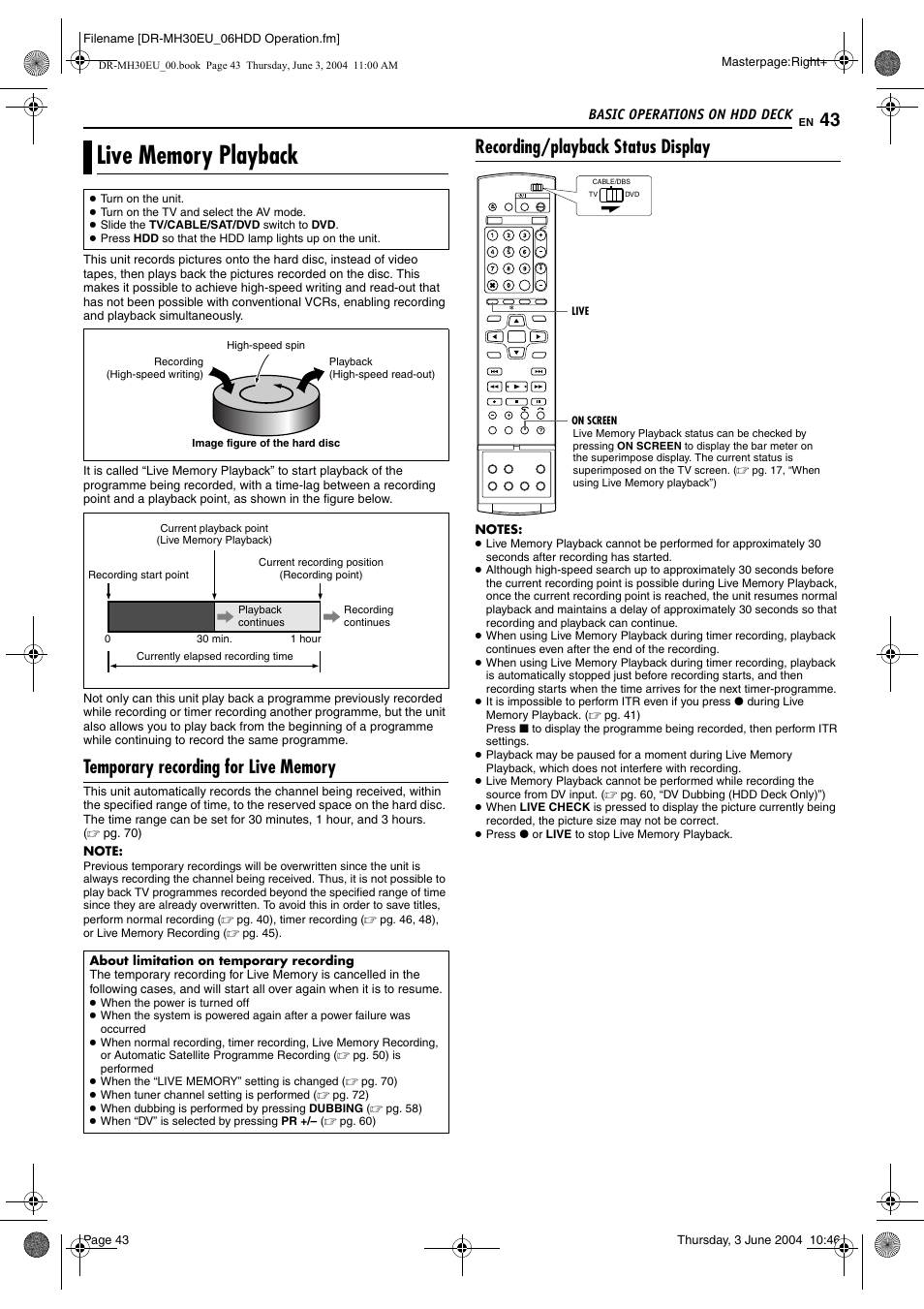 Live memory playback, Temporary recording for live memory, Recording/playback status display | JVC DR-MH20B User Manual | Page 43 / 92